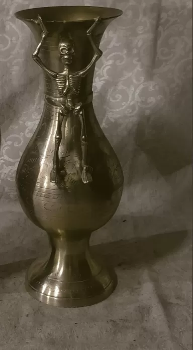 Unique Antique Brass Vase with Skeleton Figurine Accent – A Touch of Art and Mystery